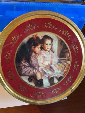 RareVintage Red Cookie Tin Danish Biscuits Two Girls Reading - 10" W x 3.5" Tall